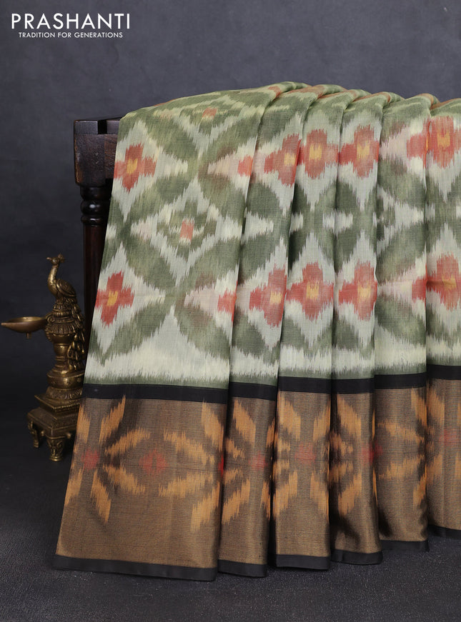 Ikat silk cotton saree mehendi green and black with allover ikat weaves and long ikat woven zari border