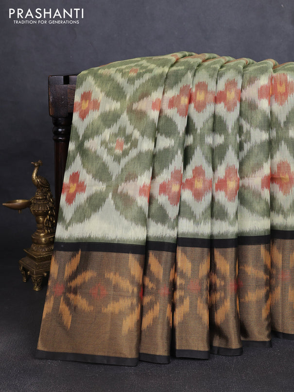 Ikat silk cotton saree mehendi green and black with allover ikat weaves and long ikat woven zari border