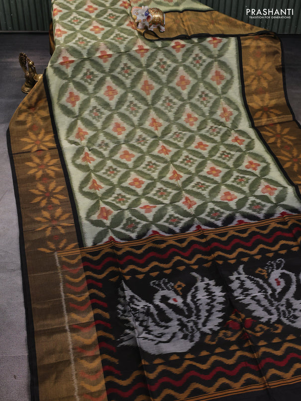 Ikat silk cotton saree mehendi green and black with allover ikat weaves and long ikat woven zari border