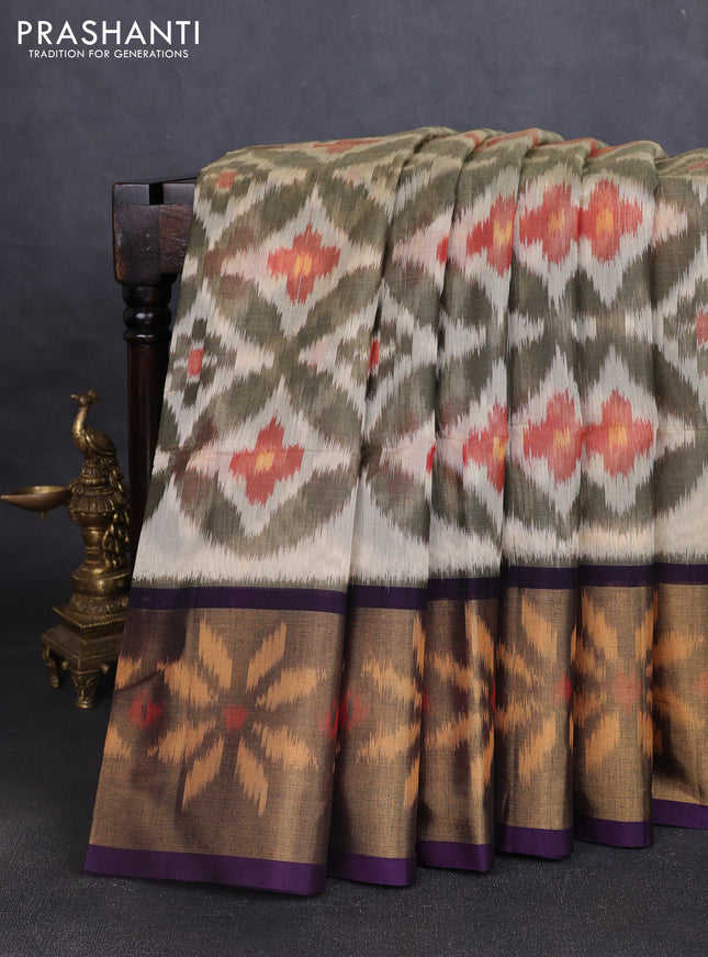 Ikat silk cotton saree mehendi green and deep violet with allover ikat weaves and long ikat woven zari border