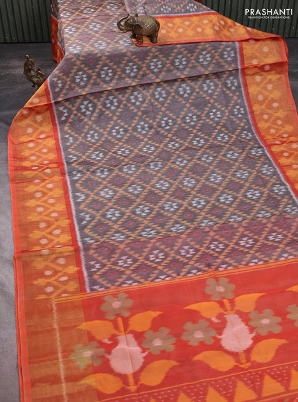 Ikat silk cotton saree grey and orange with allover ikat weaves and long ikat woven zari border