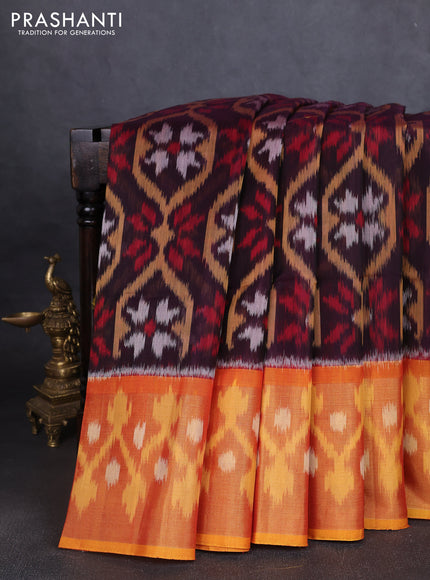 Ikat silk cotton saree jamun shade and mustard yellow with allover ikat weaves and long ikat woven zari border
