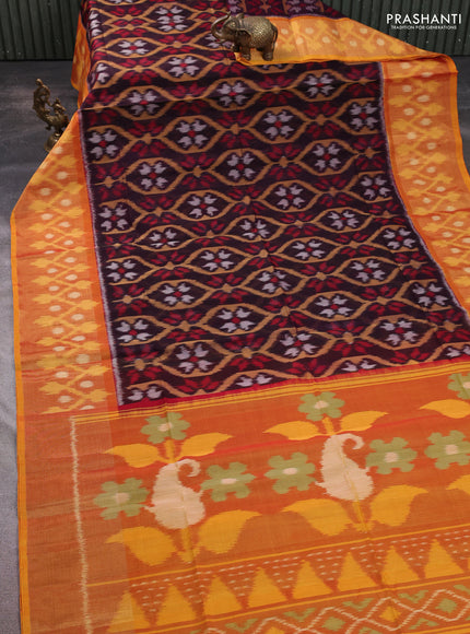 Ikat silk cotton saree jamun shade and mustard yellow with allover ikat weaves and long ikat woven zari border