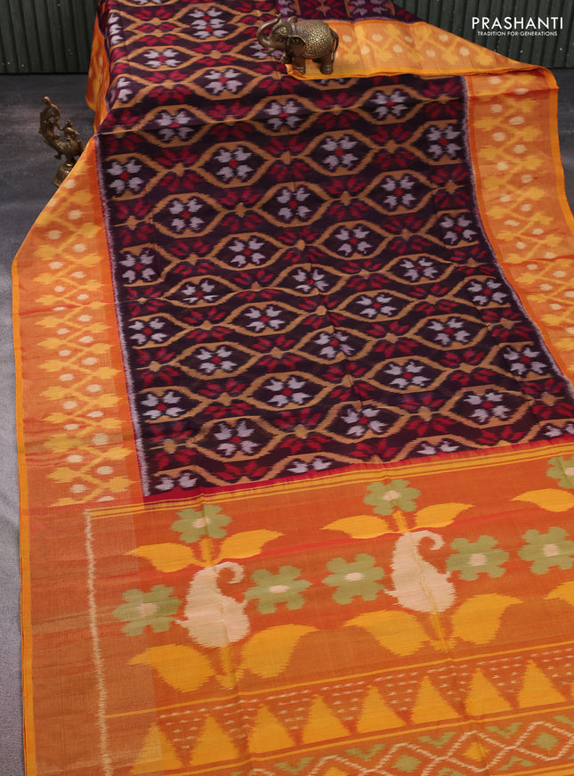 Ikat silk cotton saree jamun shade and mustard yellow with allover ikat weaves and long ikat woven zari border