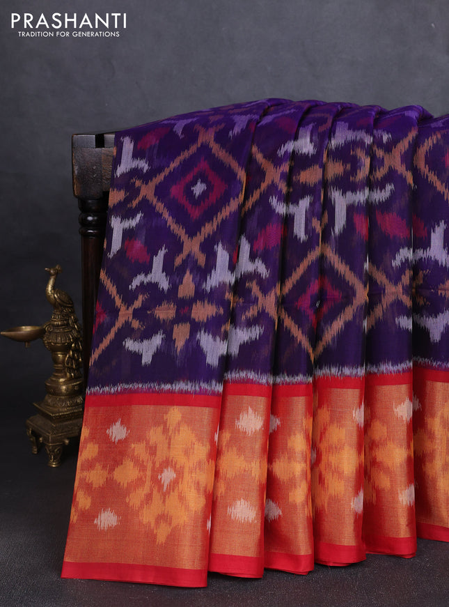 Ikat silk cotton saree violet and red with allover ikat weaves and long ikat woven zari border