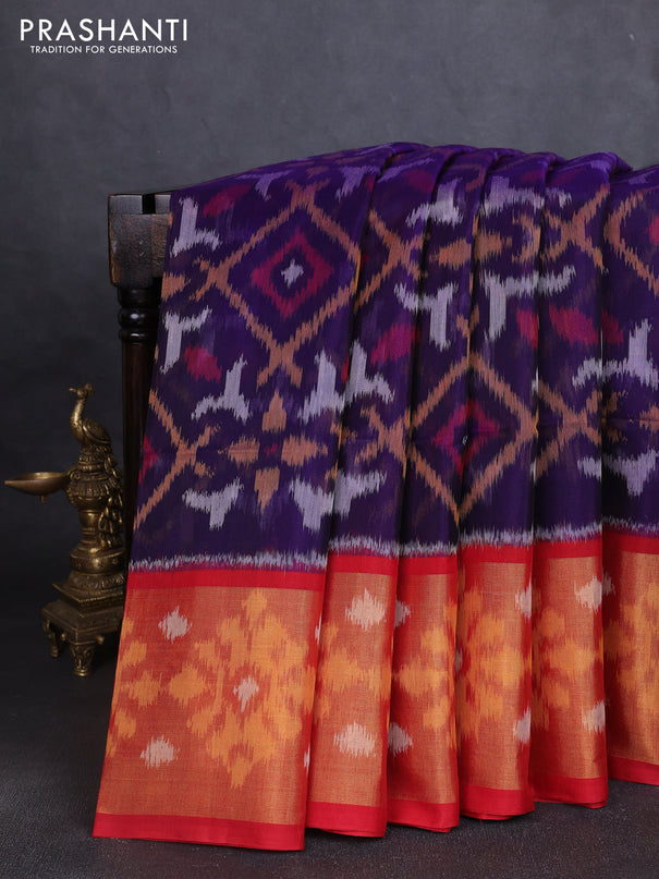 Ikat silk cotton saree violet and red with allover ikat weaves and long ikat woven zari border