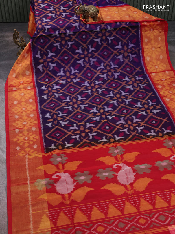 Ikat silk cotton saree violet and red with allover ikat weaves and long ikat woven zari border