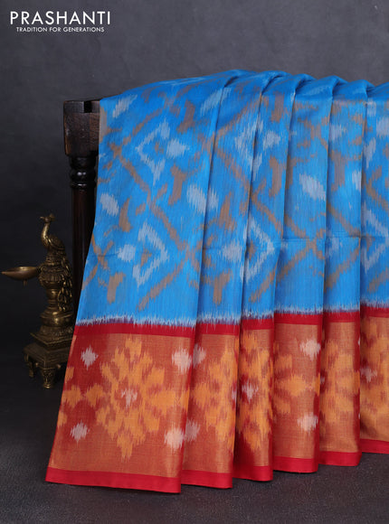 Ikat silk cotton saree cs blue and red with allover ikat weaves and long ikat woven zari border