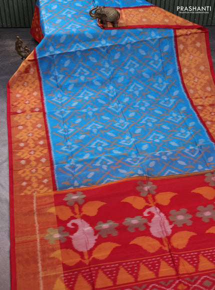 Ikat silk cotton saree cs blue and red with allover ikat weaves and long ikat woven zari border