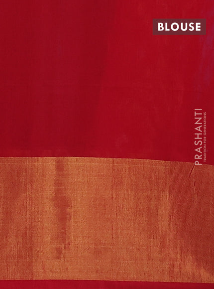 Ikat silk cotton saree cs blue and red with allover ikat weaves and long ikat woven zari border