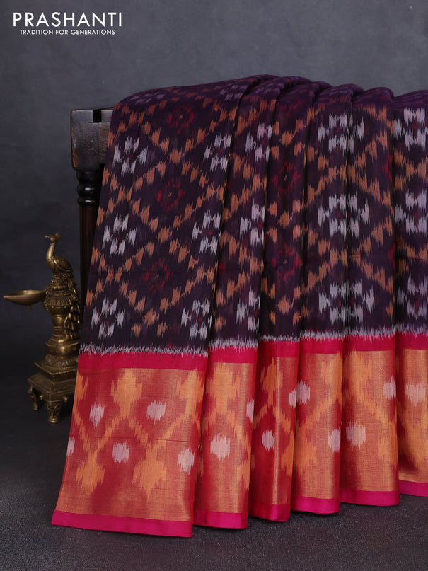 Ikat silk cotton saree deep violet and pink with allover ikat weaves and long ikat woven zari border