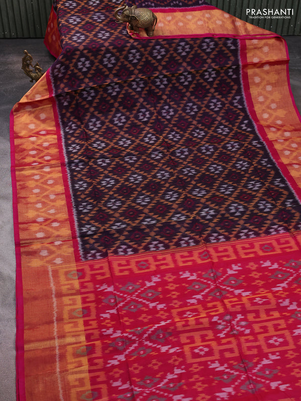 Ikat silk cotton saree deep violet and pink with allover ikat weaves and long ikat woven zari border