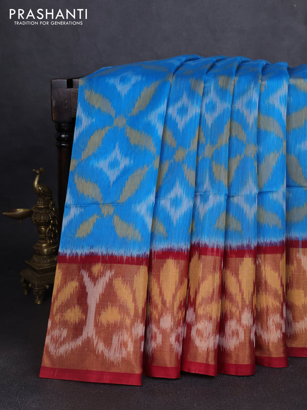 Ikat silk cotton saree cs blue and red with allover ikat weaves and long ikat woven zari border