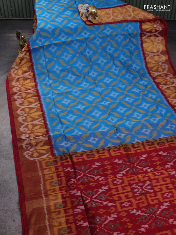 Ikat silk cotton saree cs blue and red with allover ikat weaves and long ikat woven zari border