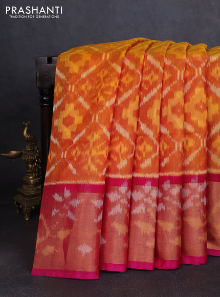 Ikat silk cotton saree sunset orange and pink with allover ikat weaves and long ikat woven zari border