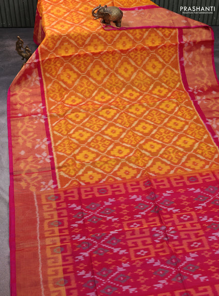Ikat silk cotton saree sunset orange and pink with allover ikat weaves and long ikat woven zari border