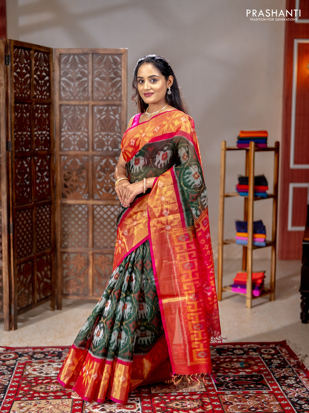 Ikat silk cotton saree bottle green and pink with allover ikat weaves and long ikat woven zari border