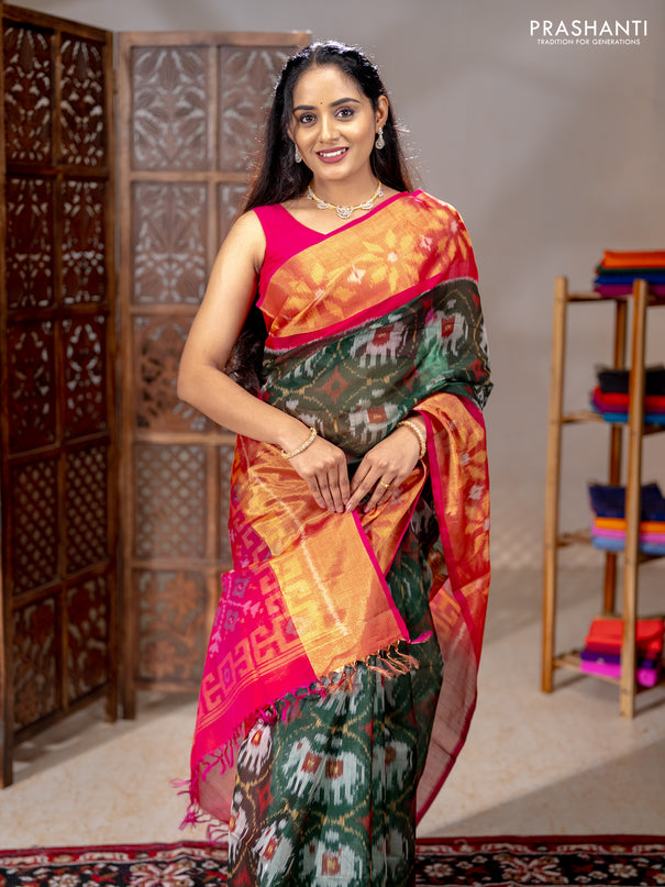 Ikat silk cotton saree bottle green and pink with allover ikat weaves and long ikat woven zari border