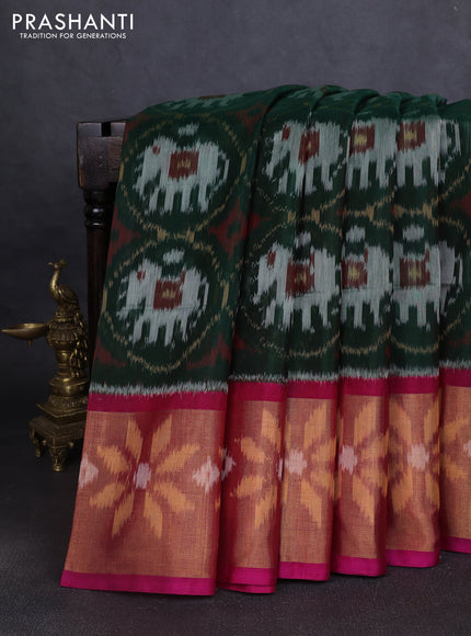 Ikat silk cotton saree bottle green and pink with allover ikat weaves and long ikat woven zari border