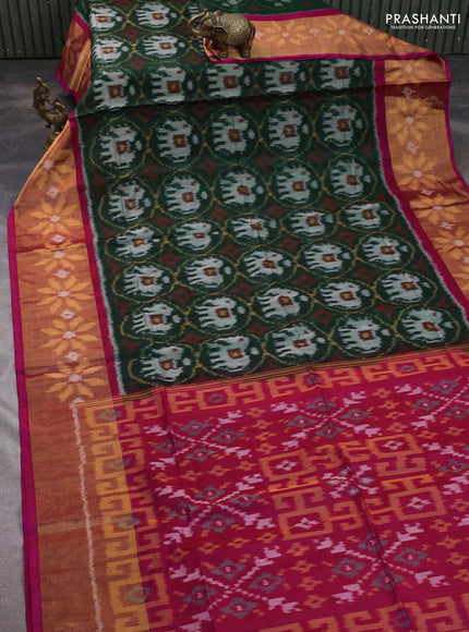 Ikat silk cotton saree bottle green and pink with allover ikat weaves and long ikat woven zari border