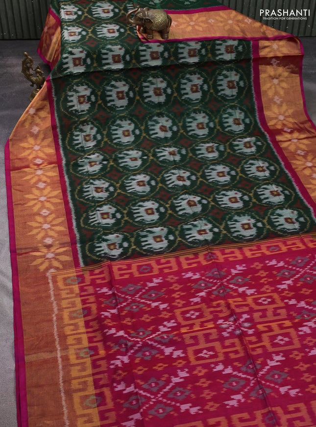 Ikat silk cotton saree bottle green and pink with allover ikat weaves and long ikat woven zari border