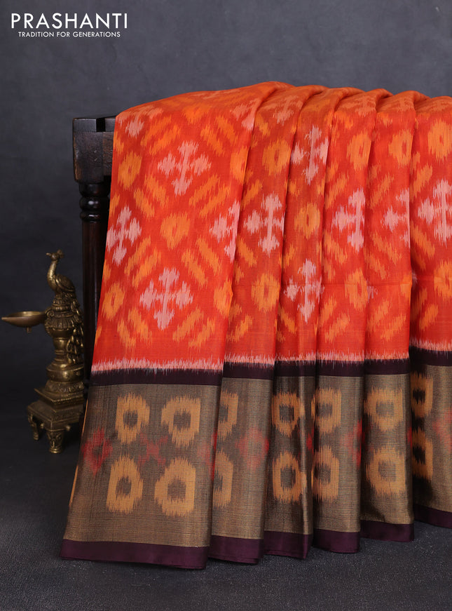 Ikat silk cotton saree orange and wine shade with allover ikat weaves and long ikat woven zari border