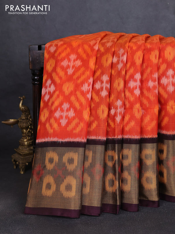 Ikat silk cotton saree orange and wine shade with allover ikat weaves and long ikat woven zari border