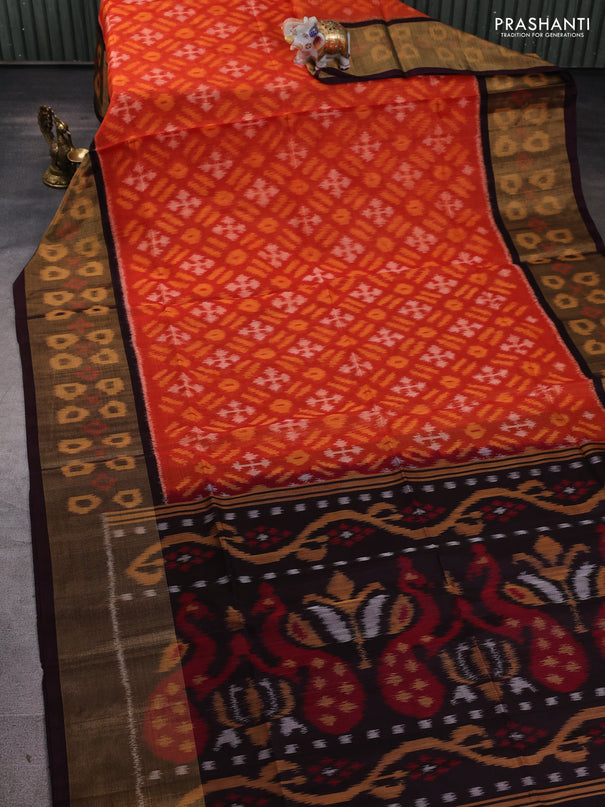 Ikat silk cotton saree orange and wine shade with allover ikat weaves and long ikat woven zari border