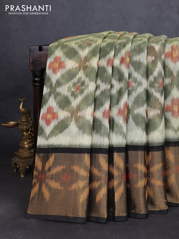 Ikat silk cotton saree olive green and black with allover ikat weaves and long ikat woven zari border