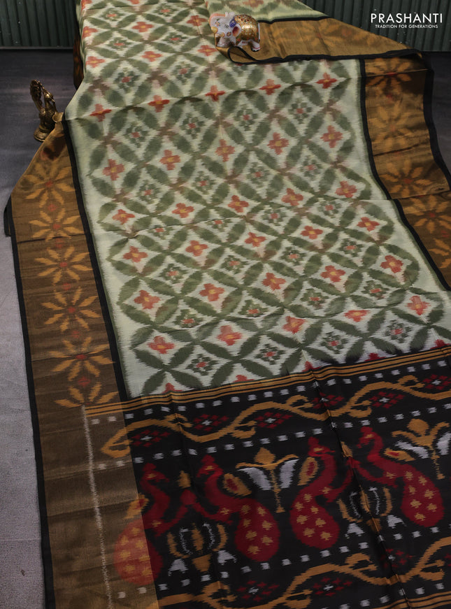 Ikat silk cotton saree olive green and black with allover ikat weaves and long ikat woven zari border