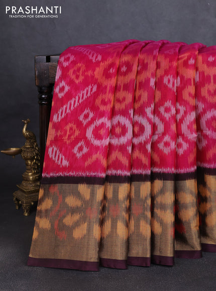 Ikat silk cotton saree dark pink and coffee brown with allover ikat weaves and long ikat woven zari border