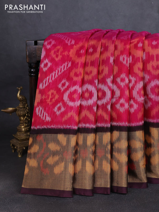Ikat silk cotton saree dark pink and coffee brown with allover ikat weaves and long ikat woven zari border
