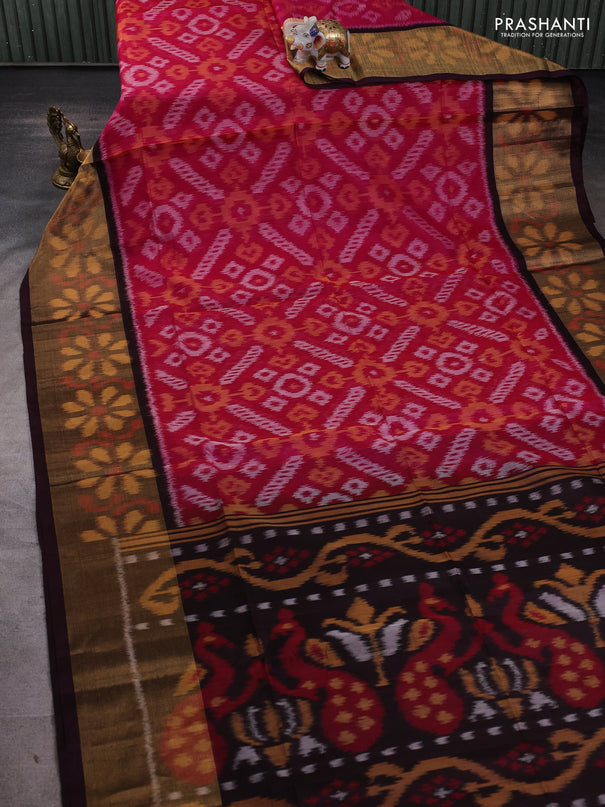 Ikat silk cotton saree dark pink and coffee brown with allover ikat weaves and long ikat woven zari border