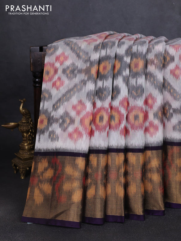 Ikat silk cotton saree off white and violet with allover ikat weaves and long ikat woven zari border