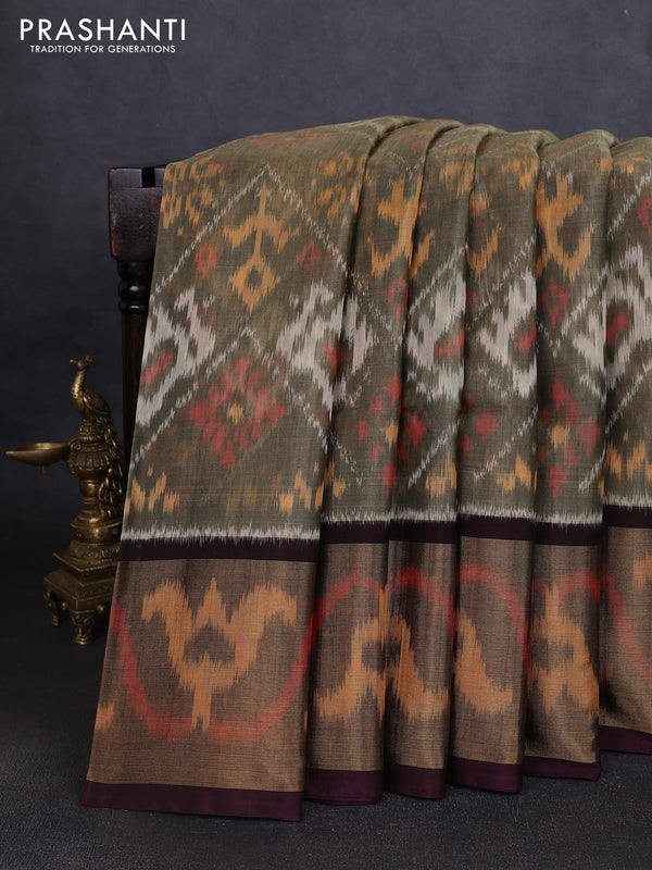 Ikat silk cotton saree mehendi green and wine shade with allover ikat weaves and long ikat woven zari border