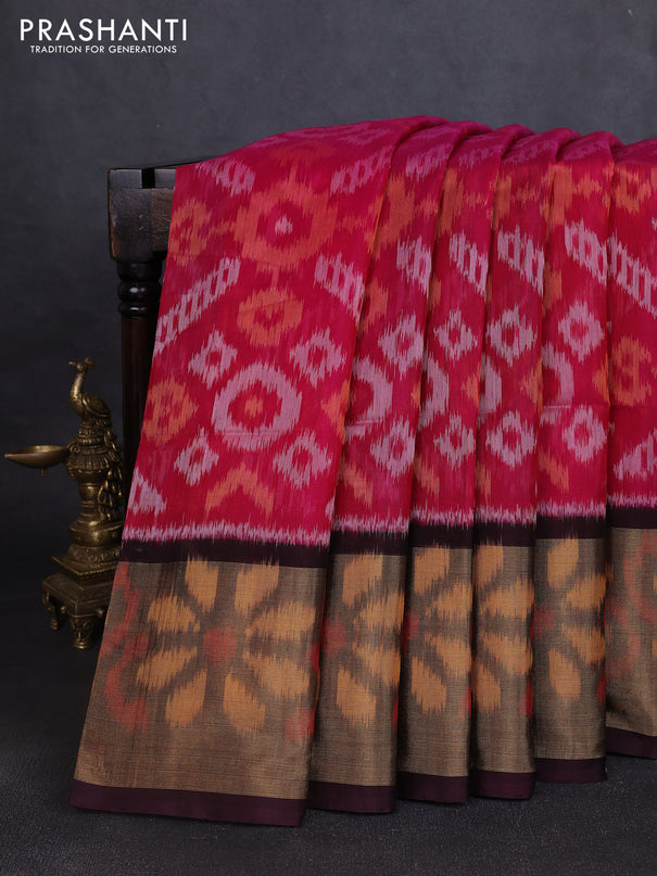 Ikat silk cotton saree dark pink and wine shade with allover ikat weaves and long ikat woven zari border