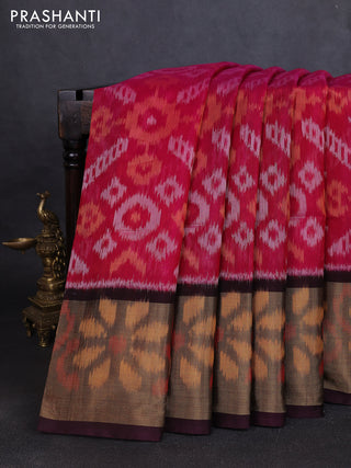 Ikat silk cotton saree dark pink and wine shade with allover ikat weaves and long ikat woven zari border