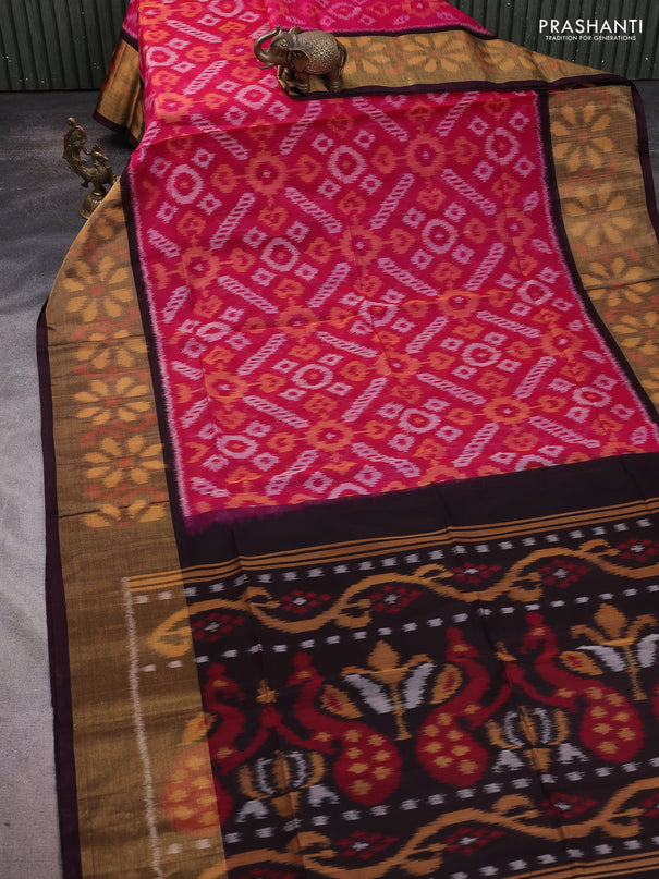Ikat silk cotton saree dark pink and wine shade with allover ikat weaves and long ikat woven zari border