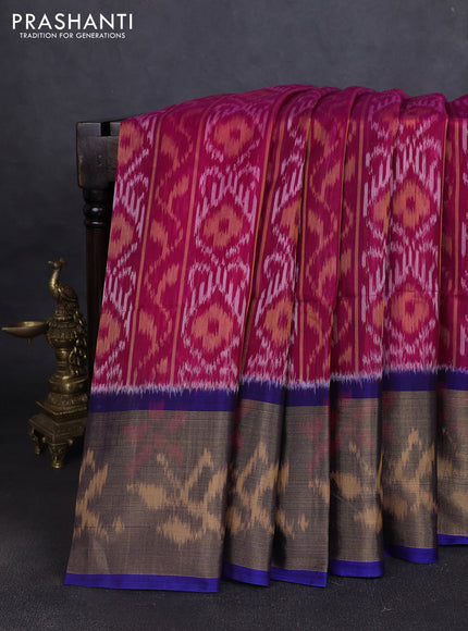 Ikat silk cotton saree dark pink and blue with allover ikat weaves and long ikat woven zari border
