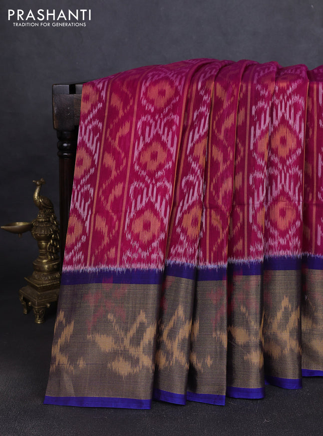 Ikat silk cotton saree dark pink and blue with allover ikat weaves and long ikat woven zari border