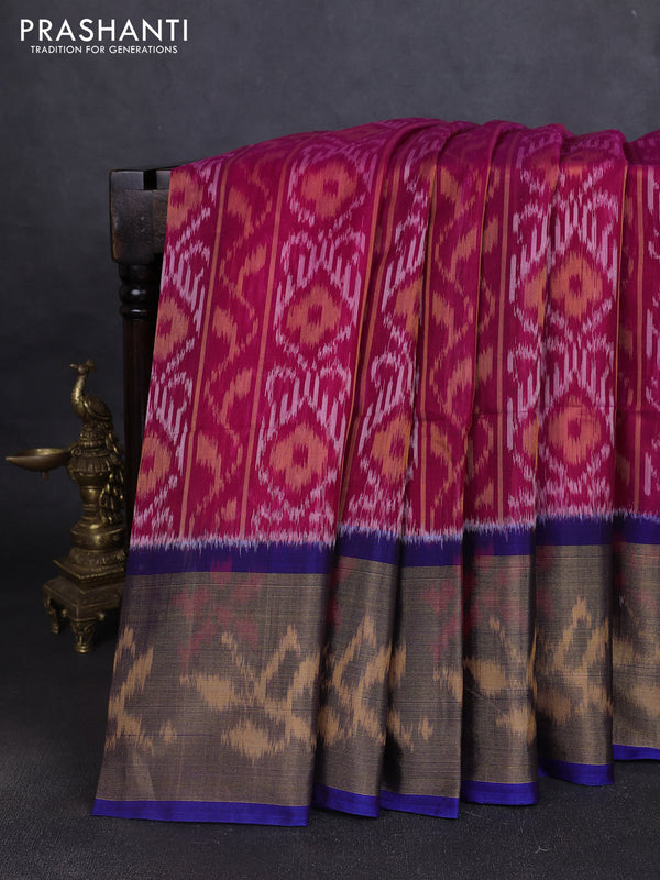 Ikat silk cotton saree dark pink and blue with allover ikat weaves and long ikat woven zari border