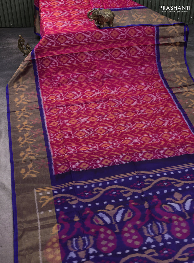 Ikat silk cotton saree dark pink and blue with allover ikat weaves and long ikat woven zari border