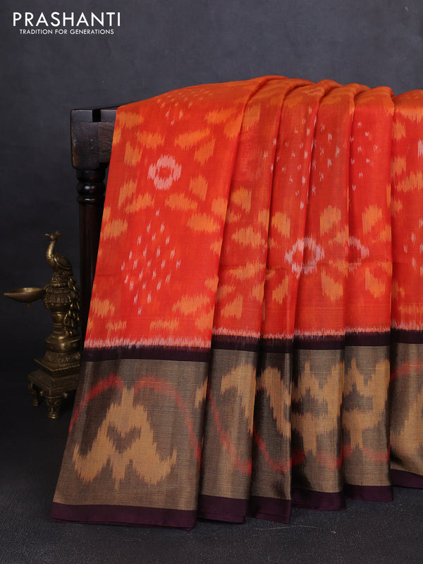 Ikat silk cotton saree orange and coffee brown with allover ikat weaves and long ikat woven zari border