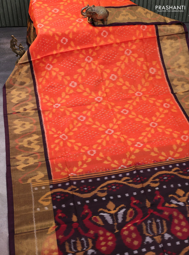 Ikat silk cotton saree orange and coffee brown with allover ikat weaves and long ikat woven zari border