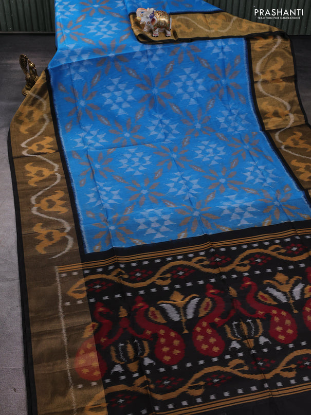 Ikat silk cotton saree teal blue and black with allover ikat weaves and long ikat woven zari border