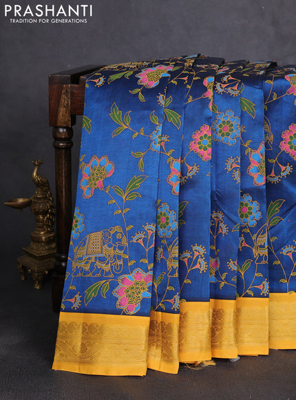 Silk cotton saree peacock blue and mustard yellow with allover kalamkari prints and korvai zari woven border