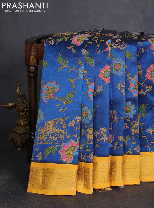 Silk cotton saree peacock blue and mustard yellow with allover kalamkari prints and korvai zari woven border