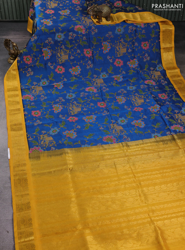 Silk cotton saree peacock blue and mustard yellow with allover kalamkari prints and korvai zari woven border