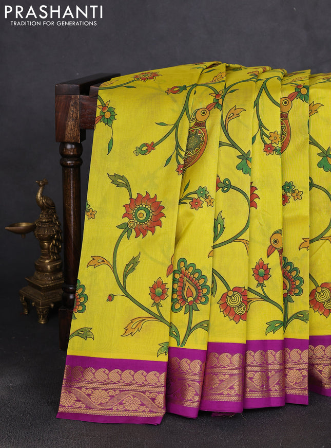 Silk cotton saree yellow and purple with allover kalamkari prints and korvai zari woven border