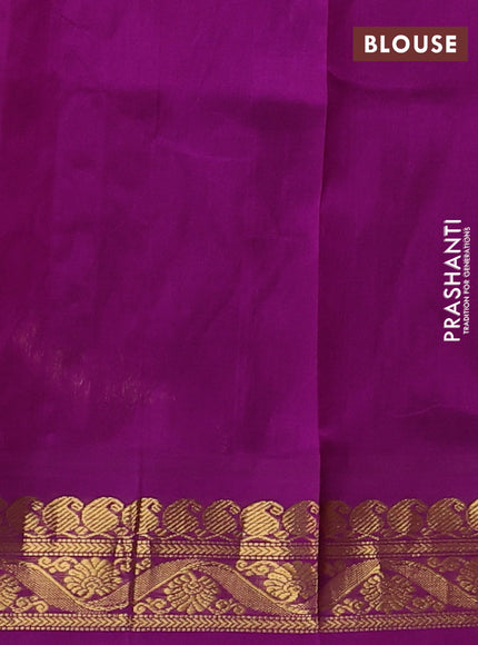 Silk cotton saree yellow and purple with allover kalamkari prints and korvai zari woven border